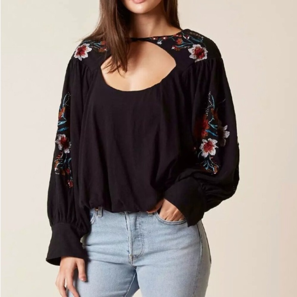 Black Embroidered Long-Sleeve Keyhole Top
